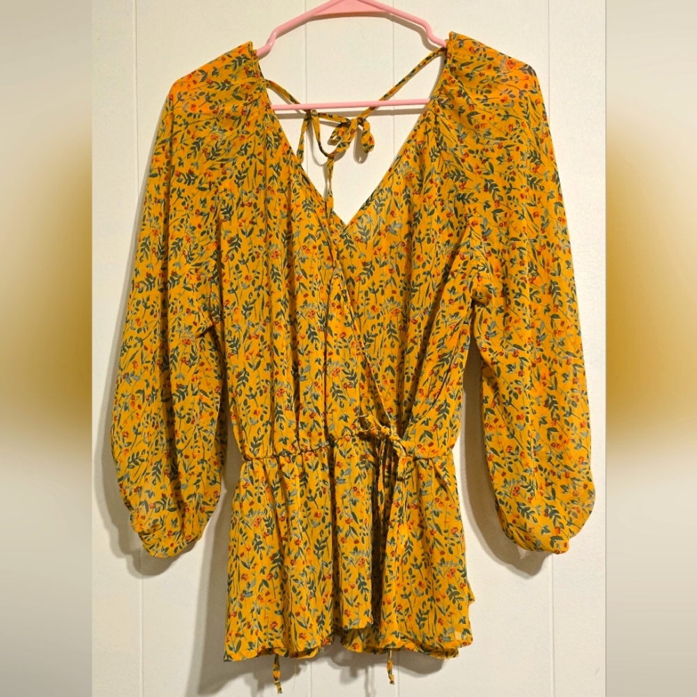 Ophelia Rose Floral Yellow Wrap Top, Size L